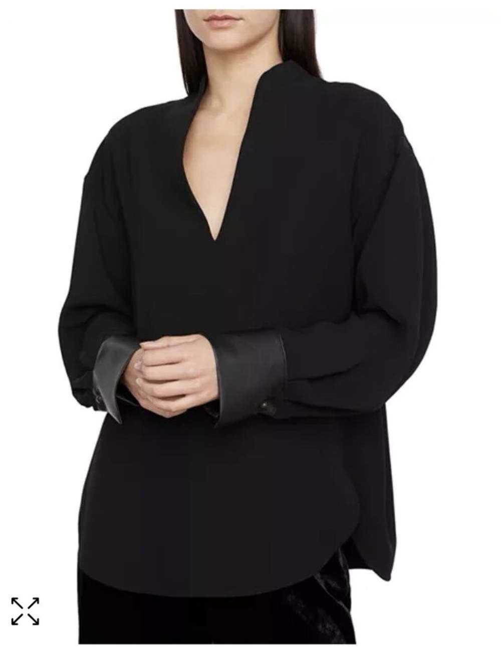 Vince Black V-Neck Blouse with Faux Leather Cuffs